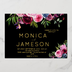 Hot Pink & Navy Blue Floral Wedding Black Foil Invitation