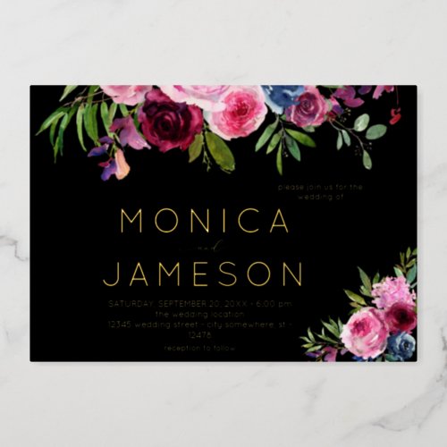 Hot Pink  Navy Blue Floral Wedding Black Foil Invitation