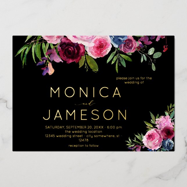 Hot Pink & Navy Blue Floral Wedding Black Foil Invitation (Front)