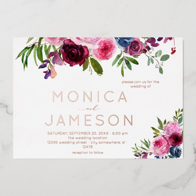 Hot Pink & Navy Blue Floral Wedding Foil Invitation (Front)