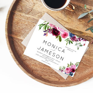 Hot Pink & Navy Blue Floral Wedding Invitation 2