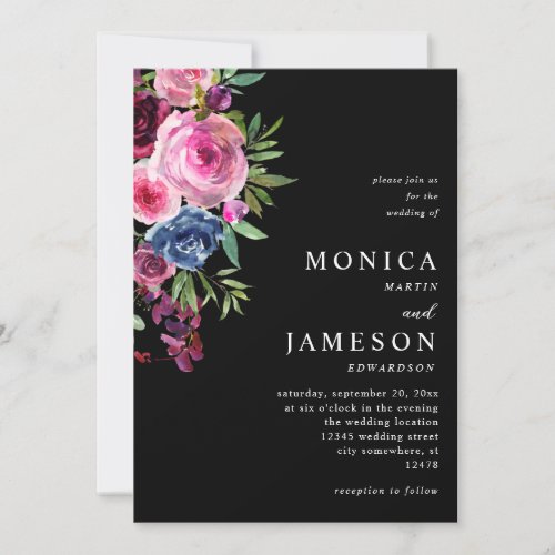 Hot Pink  Navy Blue Floral Wedding Invitation 3 B