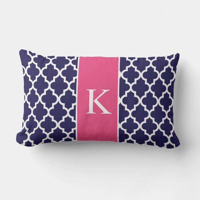 Hot Pink Navy Blue Moroccan Custom Monogram Lumbar Pillow (Front)