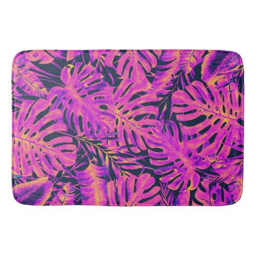 Hot Pink  Navy Blue Tropical Palm Leaves Island   Bath Mat