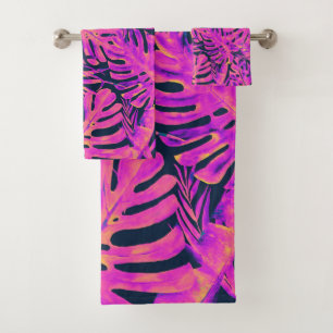 Hot Pink & Navy Blue Tropical Palm Leaves Island Bath Towel Set