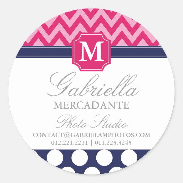 Hot Pink & Navy Chevron Zigzag Polka Dots Monogram Classic Round Sticker (Front)