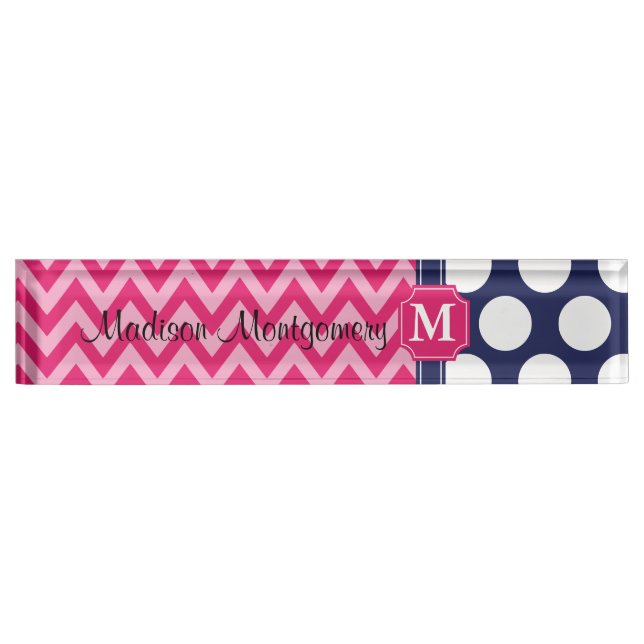 Hot Pink & Navy Chevron Zigzag Polka Dots Monogram Nameplate (Front)