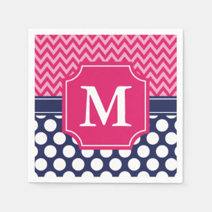 Hot Pink & Navy Chevron Zigzag Polka Dots Monogram Paper Napkins