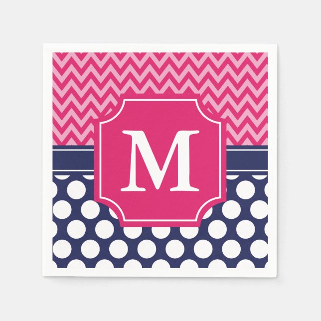 Hot Pink & Navy Chevron Zigzag Polka Dots Monogram Paper Napkins (Front)