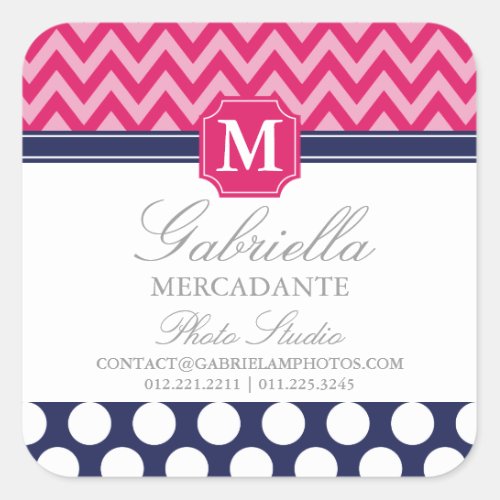 Hot Pink  Navy Chevron Zigzag Polka Dots Monogram Square Sticker