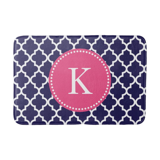 Hot Pink Navy Custom Monogram Quatrefoil Pattern Bathroom Mat (Front)