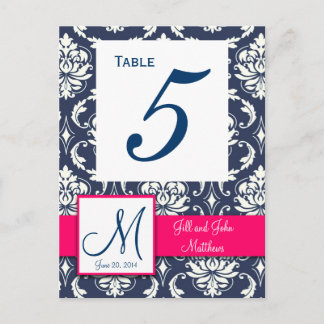 Hot Pink Navy Damask Wedding Table Number