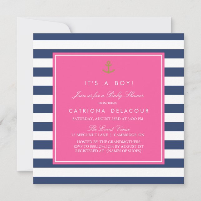 Hot Pink & Navy Nautical Baby Shower Invitation (Front)
