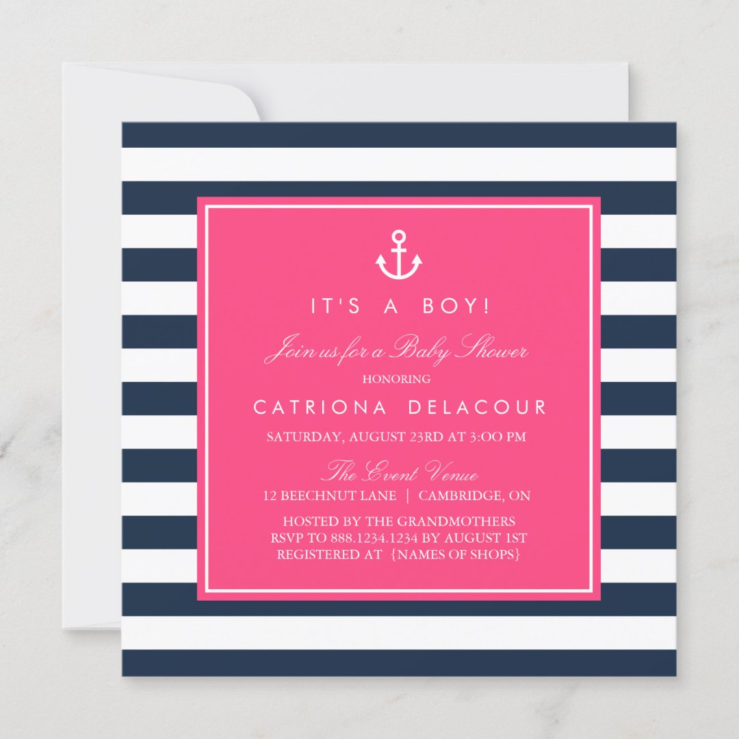 Hot Pink & Navy Nautical Baby Shower Invitation Zazzle