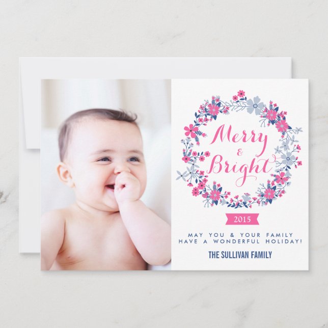 Hot Pink & Navy Nautical Wreath Holiday Photo Card (Front)