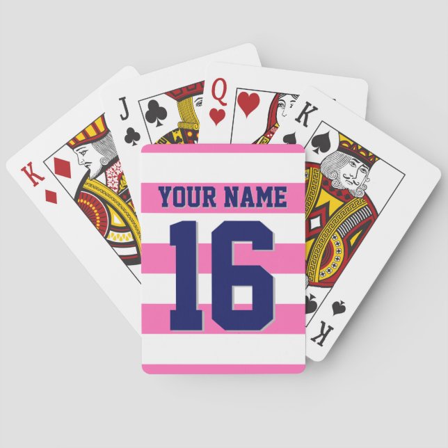 Hot Pink Navy Team Jersey Preppy Stripe Poker Cards (Back)