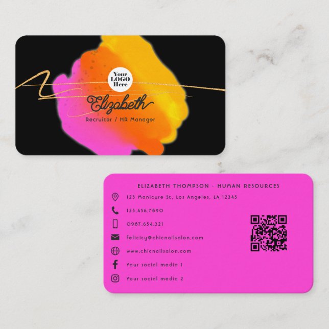 Hot-Pink Neon and Faux Gold Glitter Business Card (Front/Back)