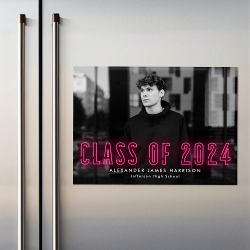 Hot Pink Neon Class of 2024 Photo Graduation Magnetic Invitation