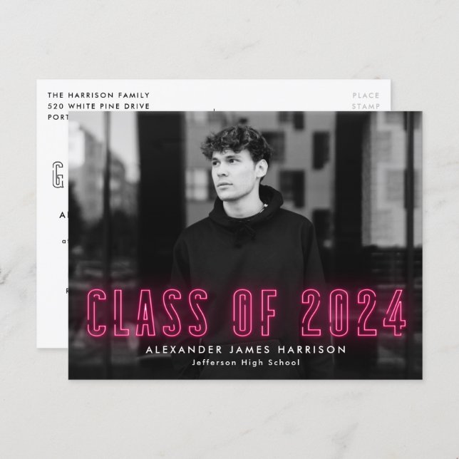 Hot Pink Neon Class of 2024 Photo Graduation Party Invitation Postcard (Front/Back)