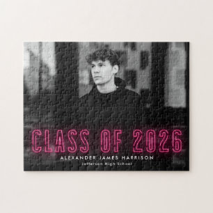 Hot Pink Neon Class of 2026 Graduation Photo Jigsaw Puzzle