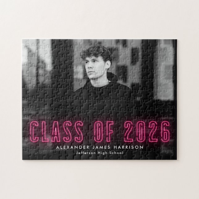 Hot Pink Neon Class of 2026 Graduation Photo Jigsaw Puzzle (Horizontal)