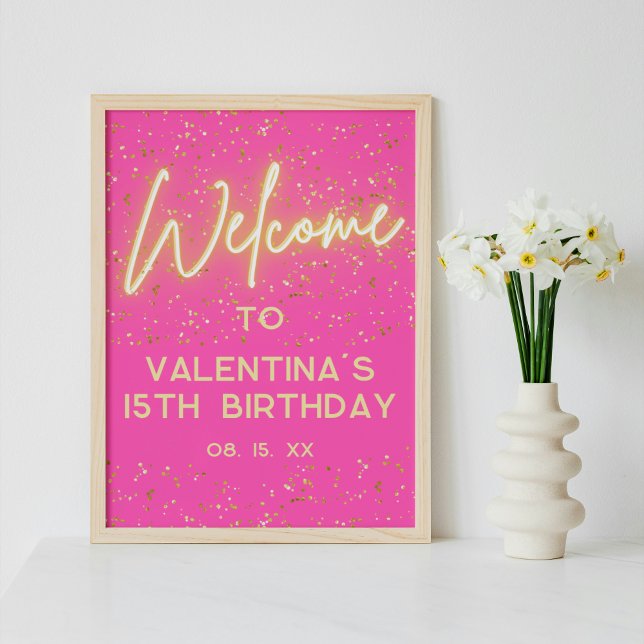 Hot Pink Neon Glow Gold Glitter Party Welcome Poster (Creator Uploaded)