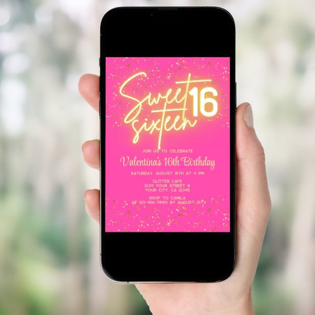 Hot Pink Neon Glow Gold Glitter Sweet 16 Birthday Invitation (Front Digital)