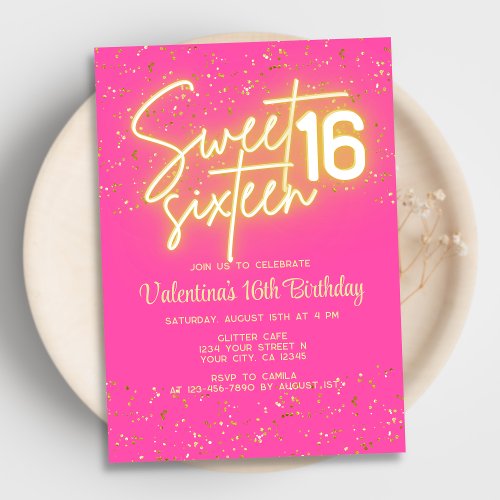 Hot Pink Neon Glow Gold Glitter Sweet 16 Birthday Invitation