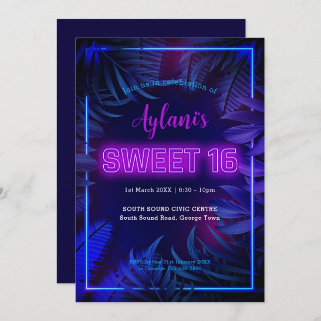 Hot Pink Neon Glow Sweet 16 Birthday Party Invitation (Front/Back)