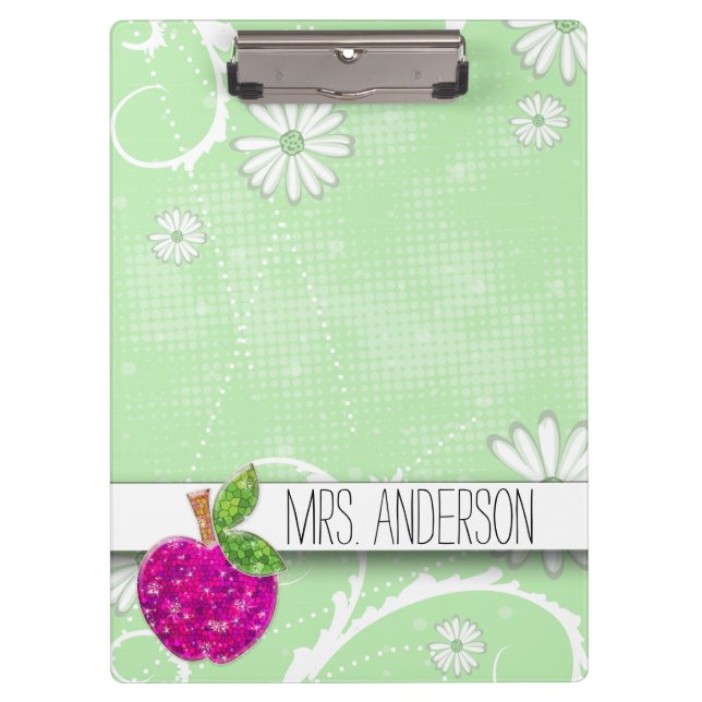 Hot Pink Neon Green Teachers Apple Classroom Name Clipboard (Front)