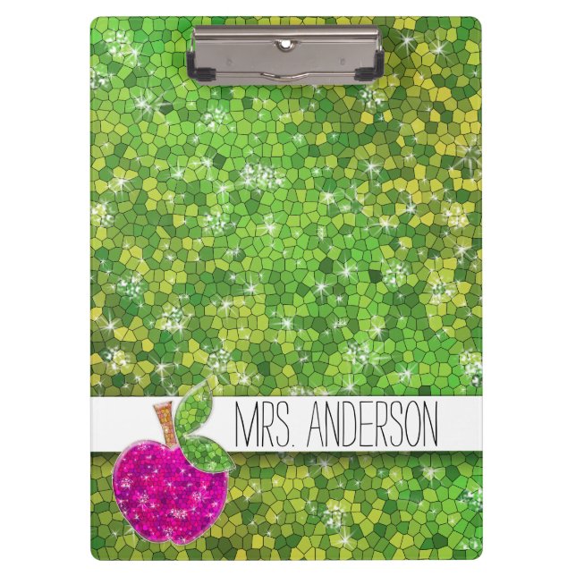 Hot Pink Neon Green Teachers Apple Classroom Name Clipboard (Front)