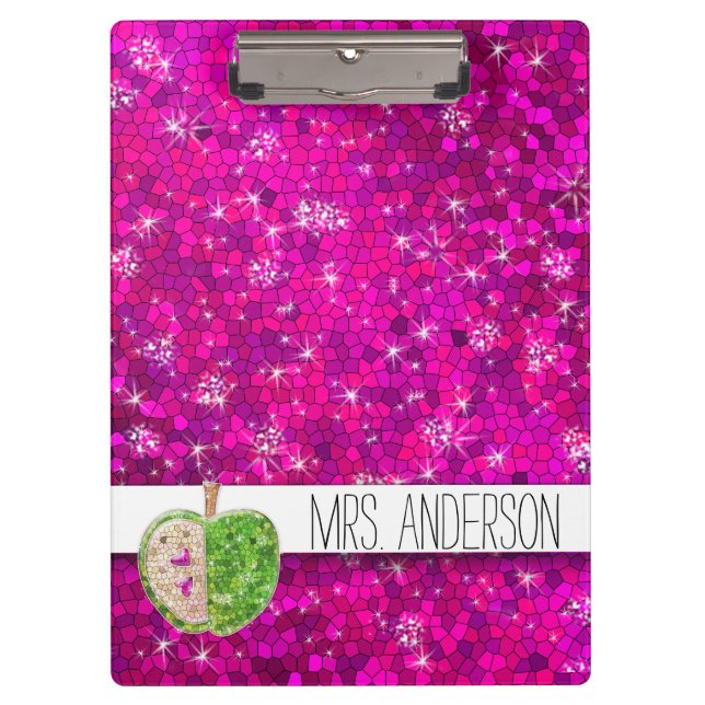 Hot Pink Neon Green Teachers Apple Classroom Name Clipboard (Front)