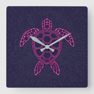 Hot Pink Neon Lava Sea Turtle Design Square Wall Clock