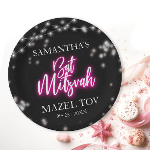 Hot Pink Neon-Themed Bat Mitzvah  Paper Plates