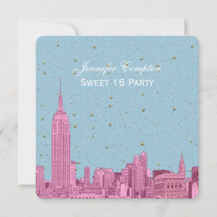 Hot Pink NYC Skyline Etch Blue Starry SQ Sweet 16 Invitation