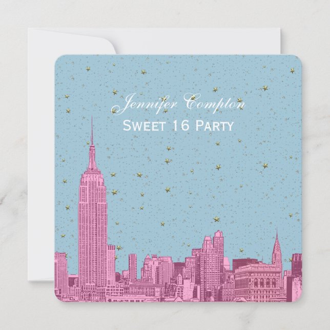Hot Pink NYC Skyline Etch Blue Starry SQ Sweet 16 Invitation (Front)