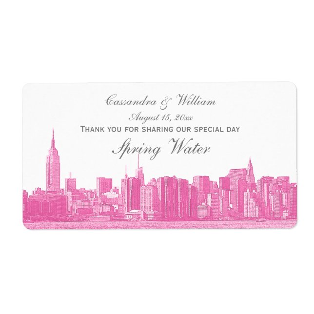 Hot Pink NYC Wide Skyline Etched Water Bottle Label (Front)
