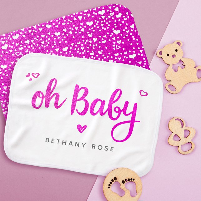 Hot Pink Oh Baby Girl Script Name Heart Reversible Baby Burp Cloth (Creator Uploaded)