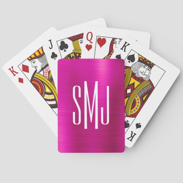Hot Pink Ombre Foil Three Letter Monogram Poker Cards (Back)