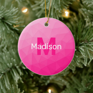 Hot pink ombre geometric mesh pattern Monogram Ceramic Ornament