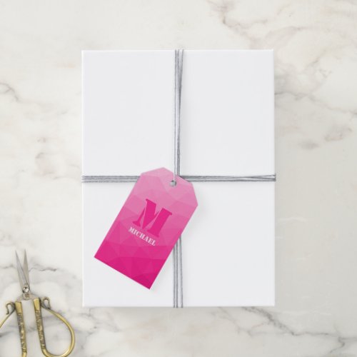 Hot pink ombre geometric mesh pattern Monogram Gift Tags