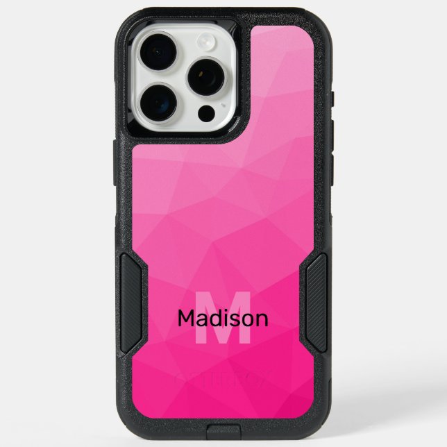 Hot pink ombre geometric mesh pattern Monogram iPhone 15 Pro Max Case (Back)