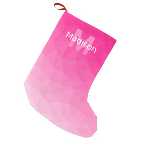 Hot pink ombre geometric mesh pattern Monogram Small Christmas Stocking