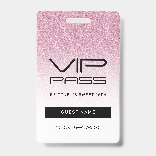 Hot Pink Ombre Glitter Sweet 16th VIP Pass  Badge (Front)
