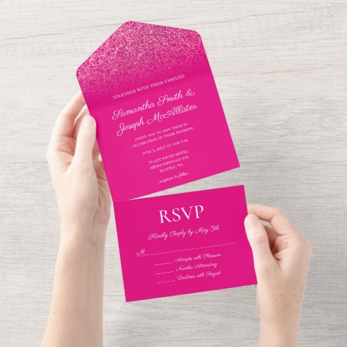 Hot Pink Ombre Glitter Wedding All In One Invitation