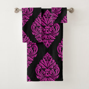 Hot Pink On Black DamaskTowel Set