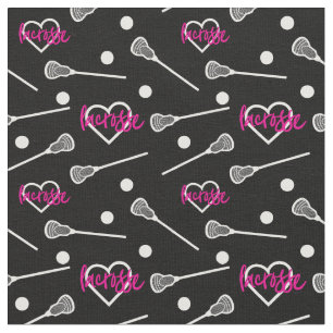 Hot Pink on Black Lacrosse Sticks & Hearts Pattern Fabric