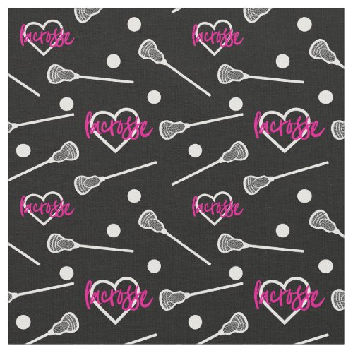 Hot Pink on Black Lacrosse Sticks  Hearts Pattern Fabric