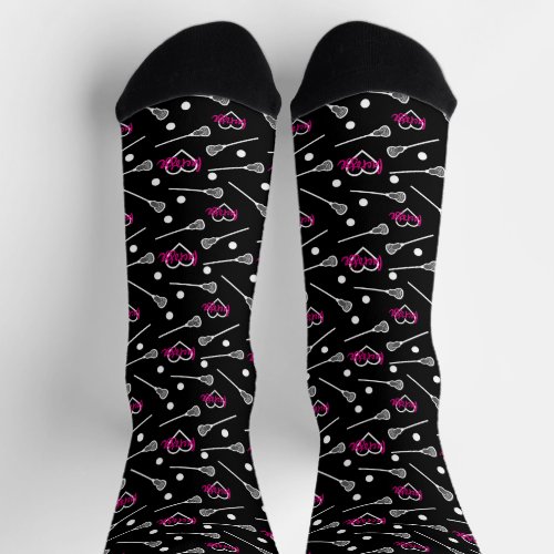 Hot Pink on Black Lacrosse Sticks  Hearts Pattern Socks
