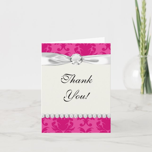 hot pink on pink chic damask pattern letterpress thank you card (Front)